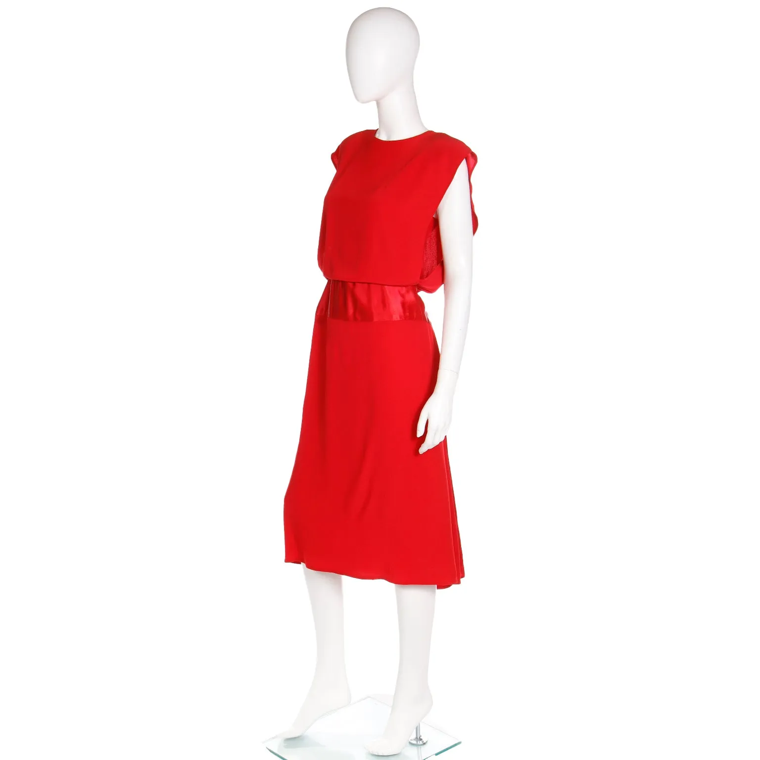 1990s Albert Nipon Red Matte & Satin Crepe Dress W Back Slit