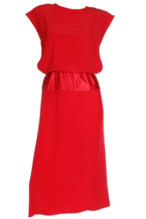 1990s Albert Nipon Red Matte & Satin Crepe Dress W Back Slit