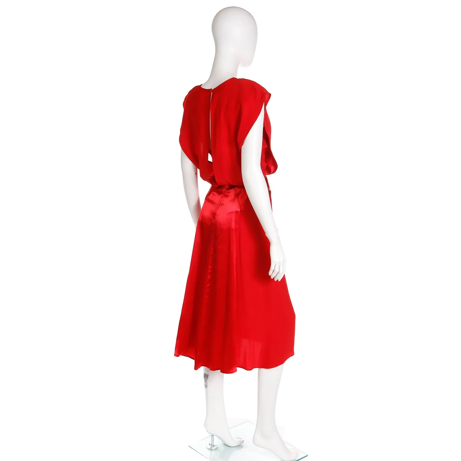 1990s Albert Nipon Red Matte & Satin Crepe Dress W Back Slit