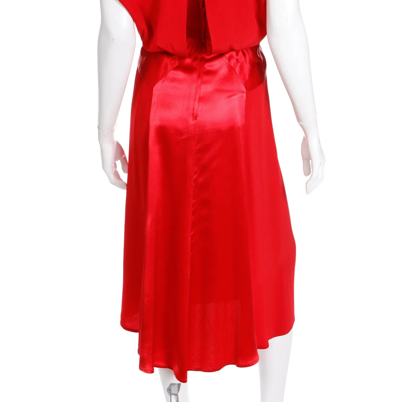 1990s Albert Nipon Red Matte & Satin Crepe Dress W Back Slit