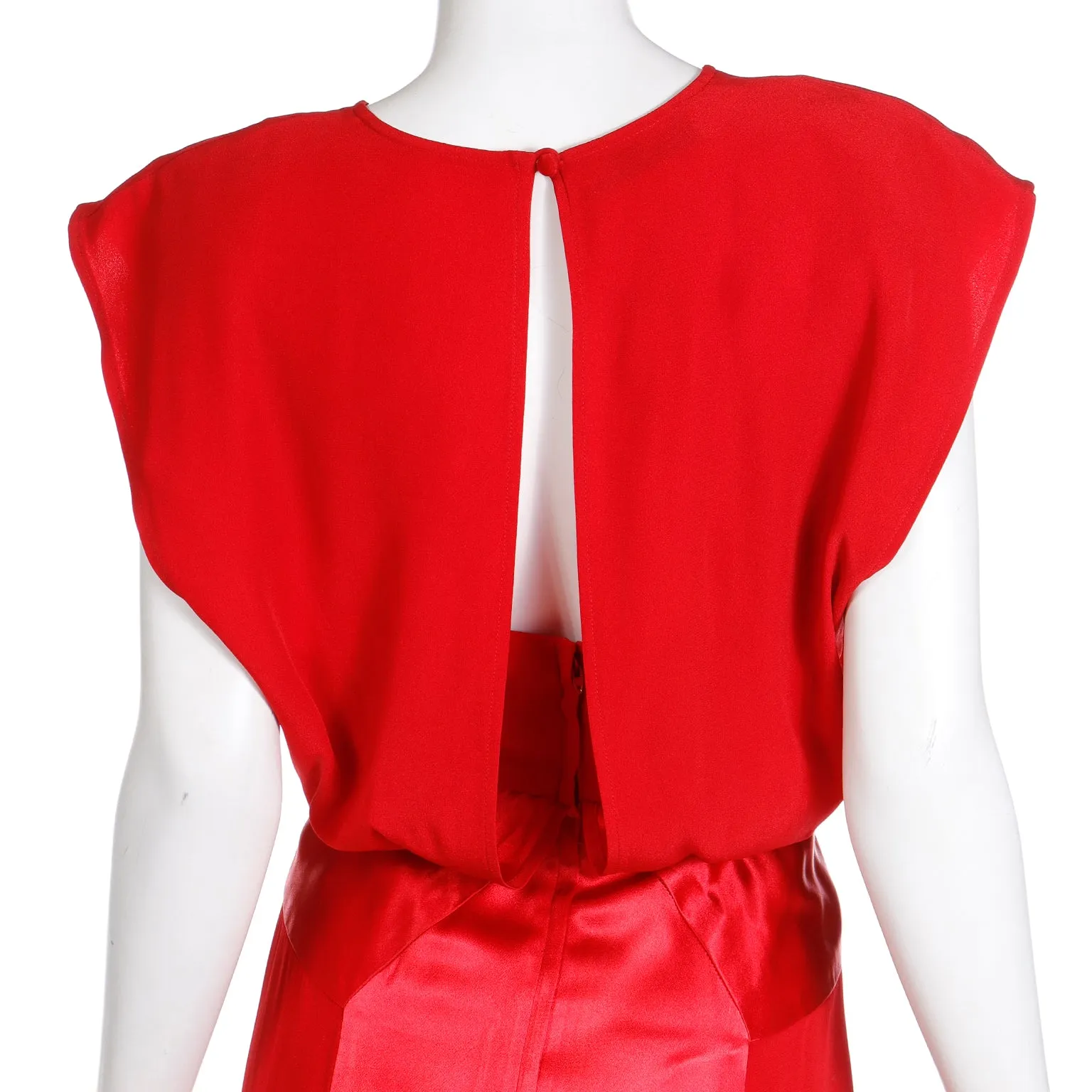 1990s Albert Nipon Red Matte & Satin Crepe Dress W Back Slit