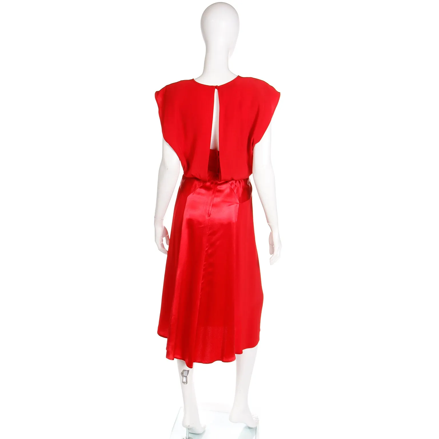 1990s Albert Nipon Red Matte & Satin Crepe Dress W Back Slit