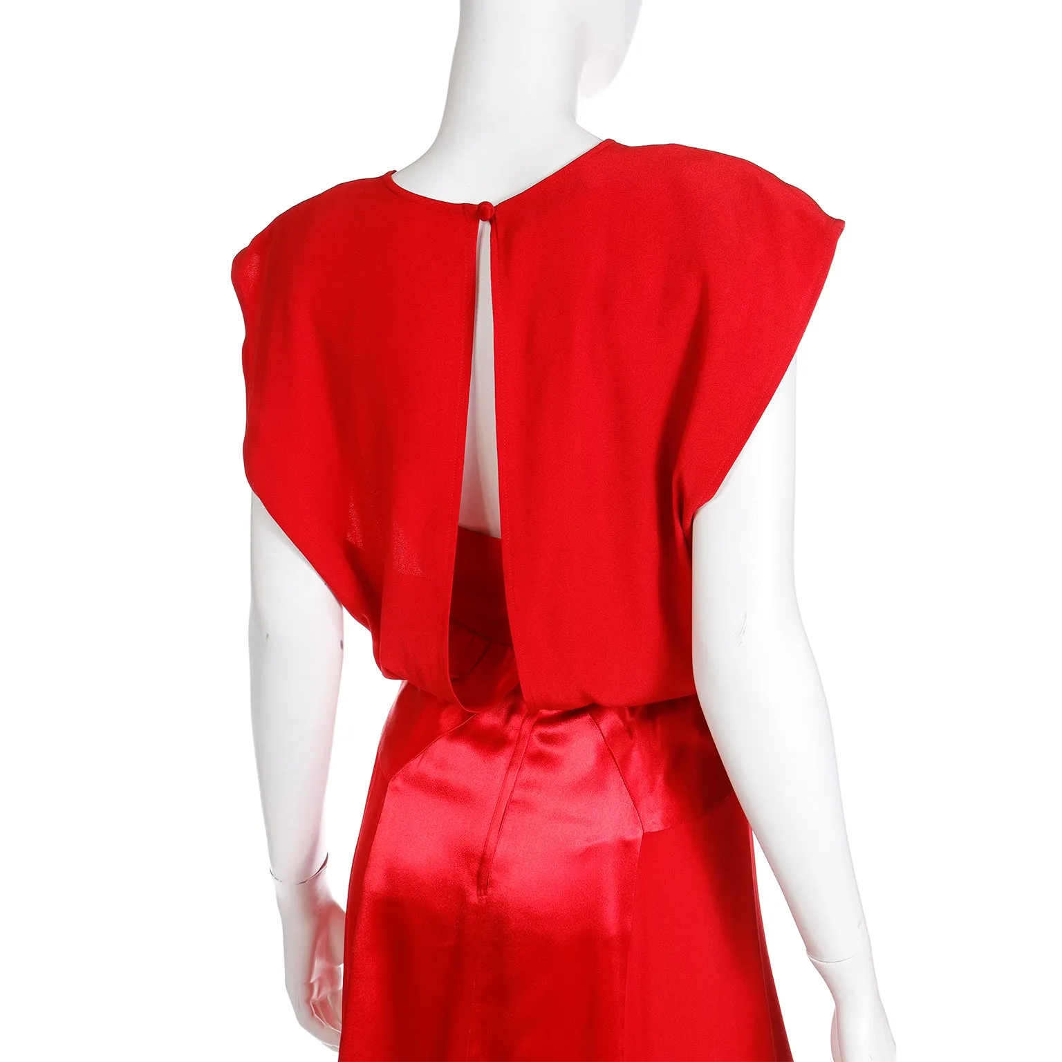 1990s Albert Nipon Red Matte & Satin Crepe Dress W Back Slit