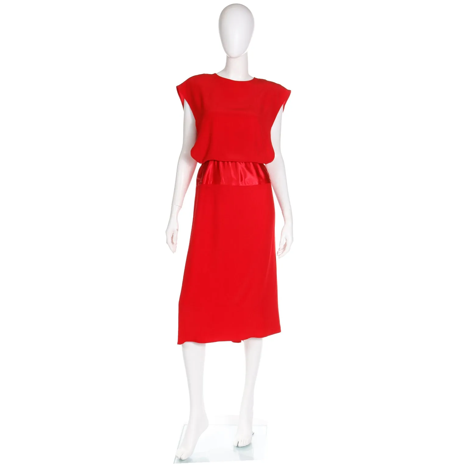 1990s Albert Nipon Red Matte & Satin Crepe Dress W Back Slit