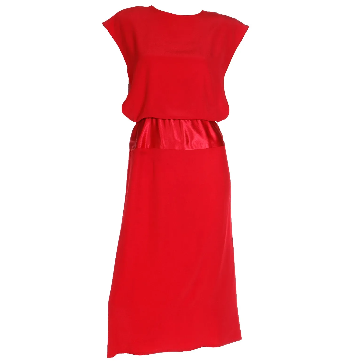 1990s Albert Nipon Red Matte & Satin Crepe Dress W Back Slit