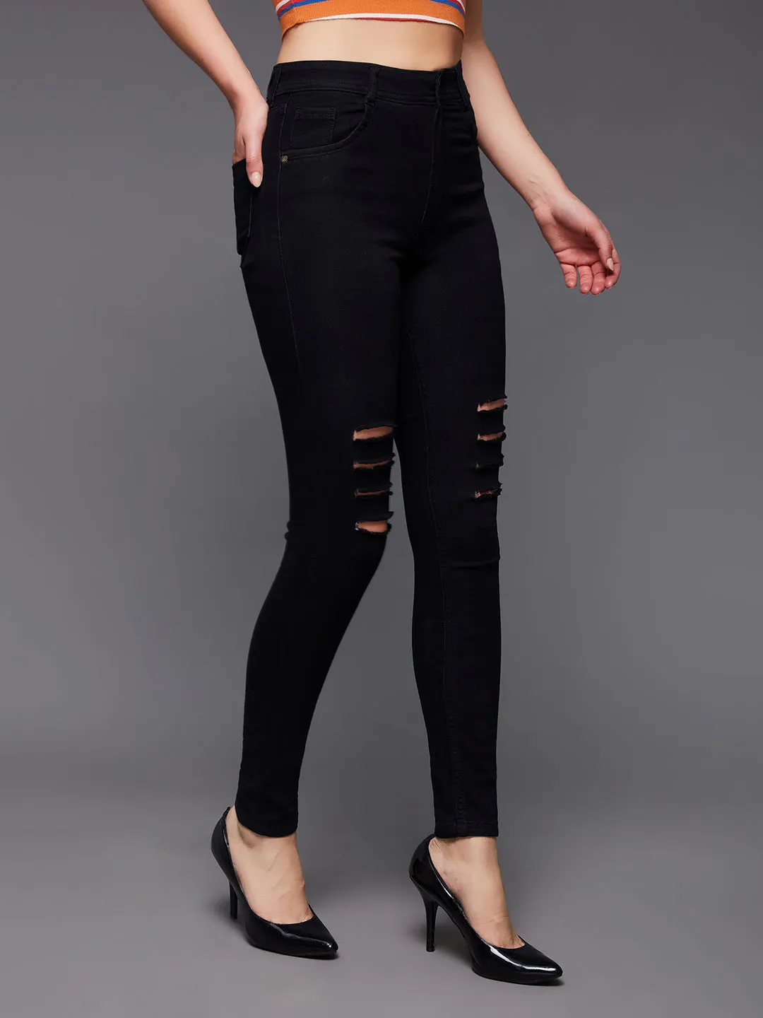 24/7 Women's Black Slim Fit High Rise Distressed Ripped Denim Stretchable Jeans