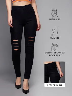 24/7 Women's Black Slim Fit High Rise Distressed Ripped Denim Stretchable Jeans