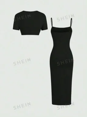 2pcs plain spaghetti strap dress & short sleeve top set in black