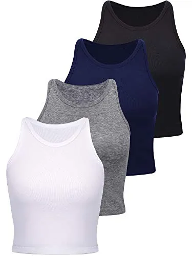 4 Pieces Basic Crop Tank Tops Women Sleeveless Racerback Crop Tops Sport Crop Tops for Lady Girls Daily Wearing (Black, Dark Grey, Navy Blue, White, Small, Numeric_1)