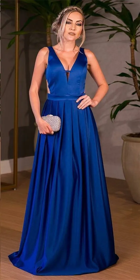 A-line Deep-V Sweep Train Satin Royal Blue Evening Dresses 3065