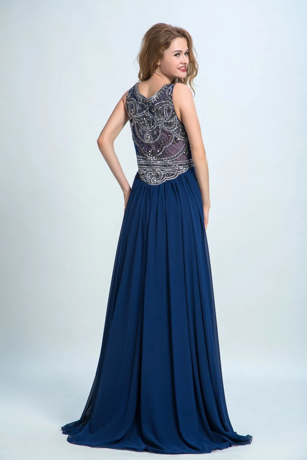 A-line Scoop-Neck Sweep Train Chiffon Rhine Stone  Evening Dresses 2899