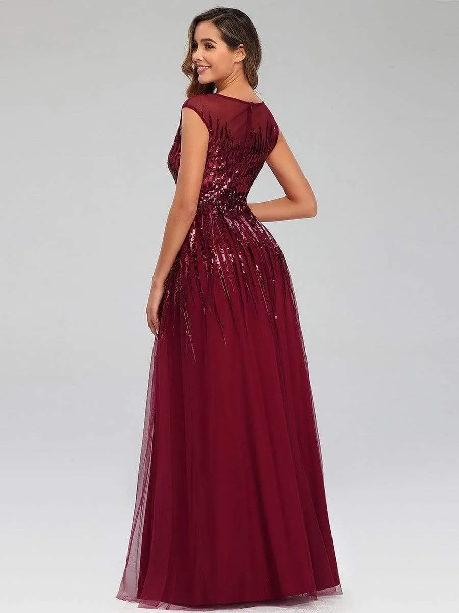 A-Line Sequins Patchwork Long Evening Gowns with Cap Sleeve