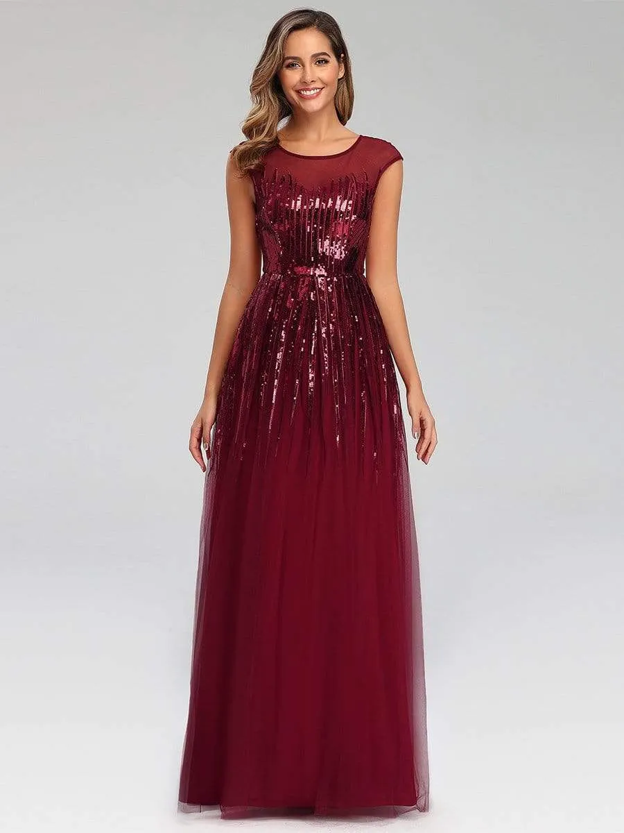 A-Line Sequins Patchwork Long Evening Gowns with Cap Sleeve