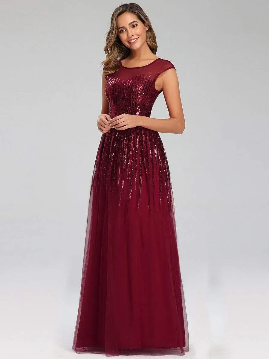 A-Line Sequins Patchwork Long Evening Gowns with Cap Sleeve