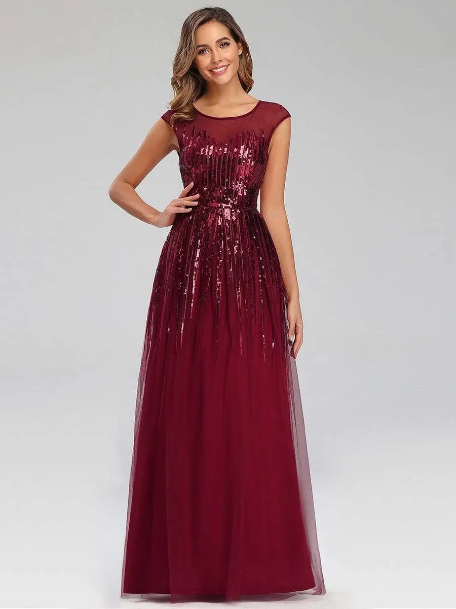 A-Line Sequins Patchwork Long Evening Gowns with Cap Sleeve