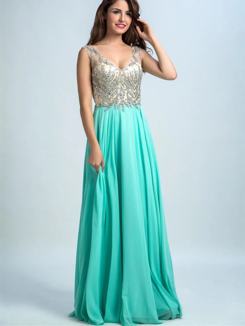 A-line Spaghetti Strap Floor-Length Chiffon Rhine Stone Evening Dresses 2919