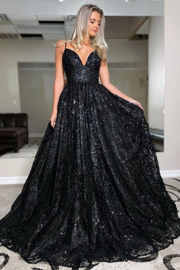 A Line V Neck Spaghetti Straps Black Sequins Evening Dresses