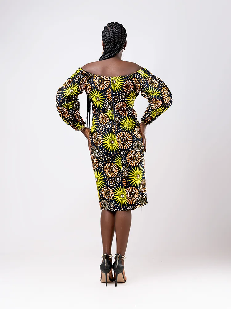 African Print Akifa cross button off shoulder dress