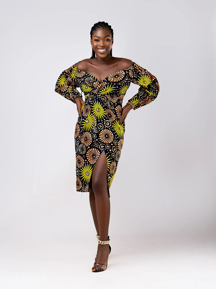 African Print Akifa cross button off shoulder dress