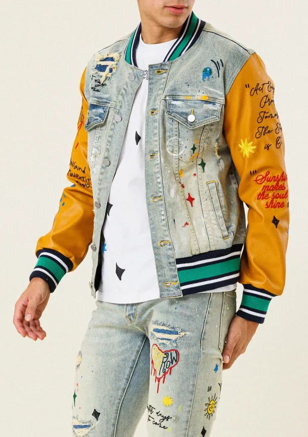 All Over Embroidered Varsity Denim Jacket