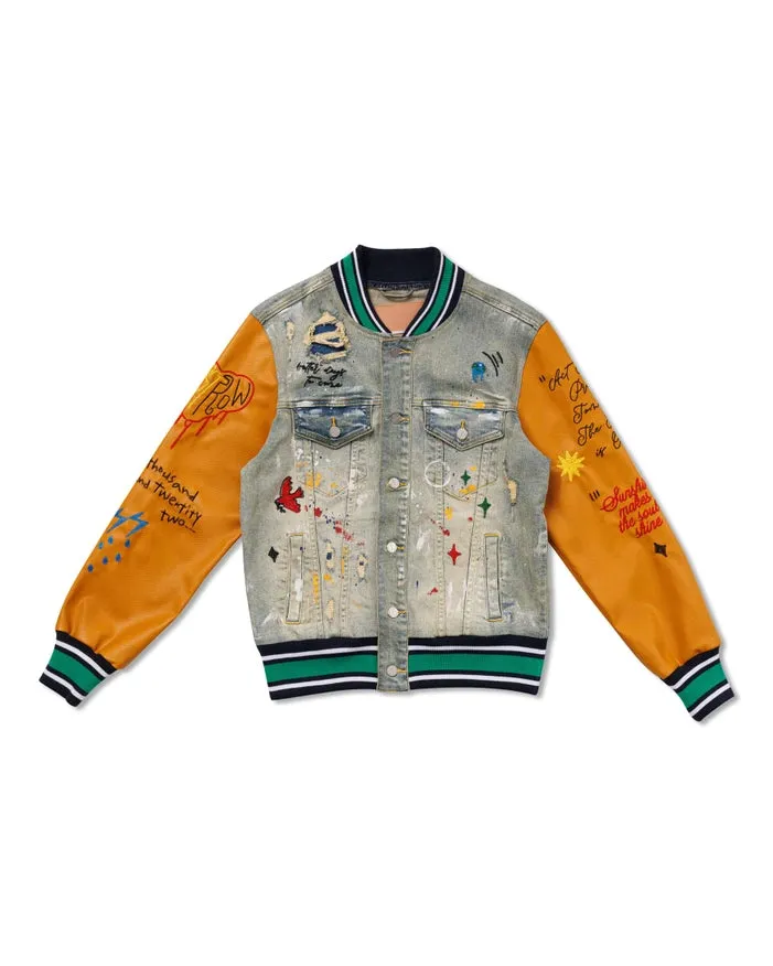 All Over Embroidered Varsity Denim Jacket