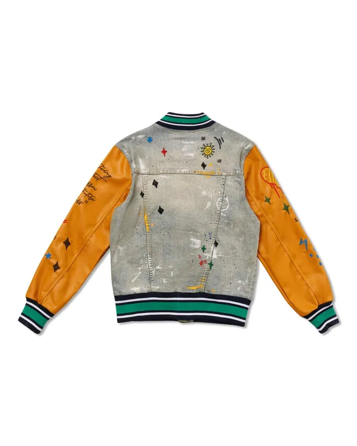 All Over Embroidered Varsity Denim Jacket