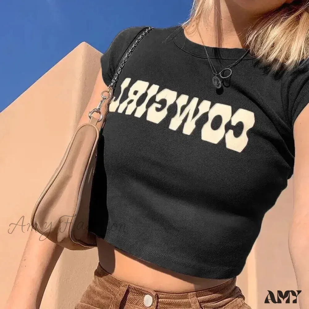 AMY FASHION - COWGIRL Print Casual Streetwear Short Sleeve Crop Top