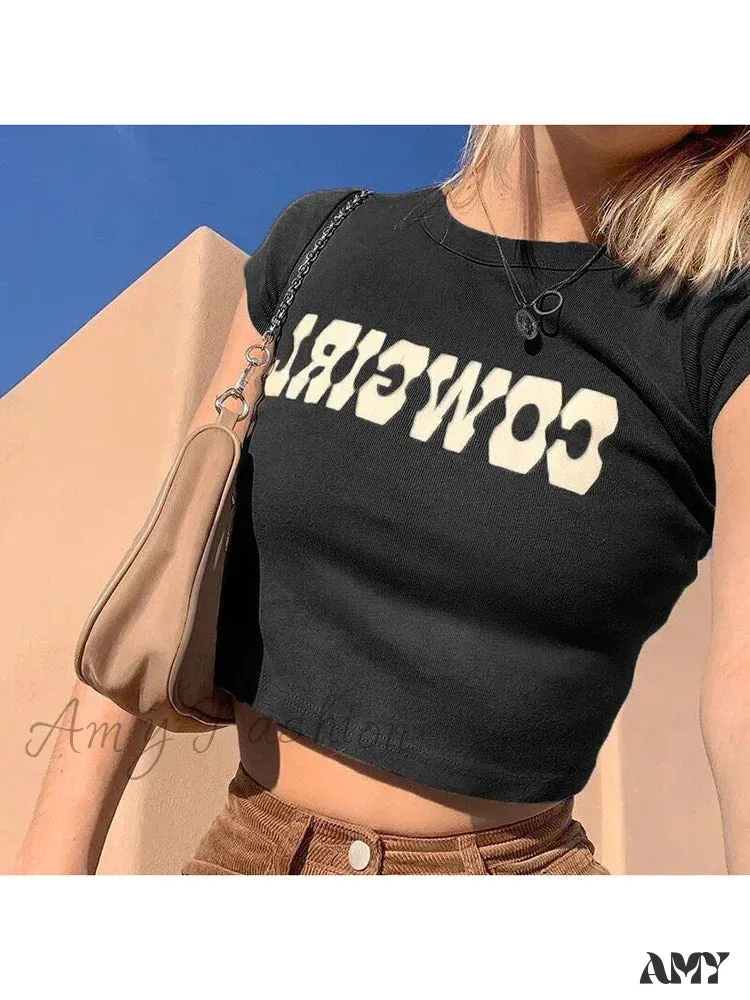 AMY FASHION - COWGIRL Print Casual Streetwear Short Sleeve Crop Top