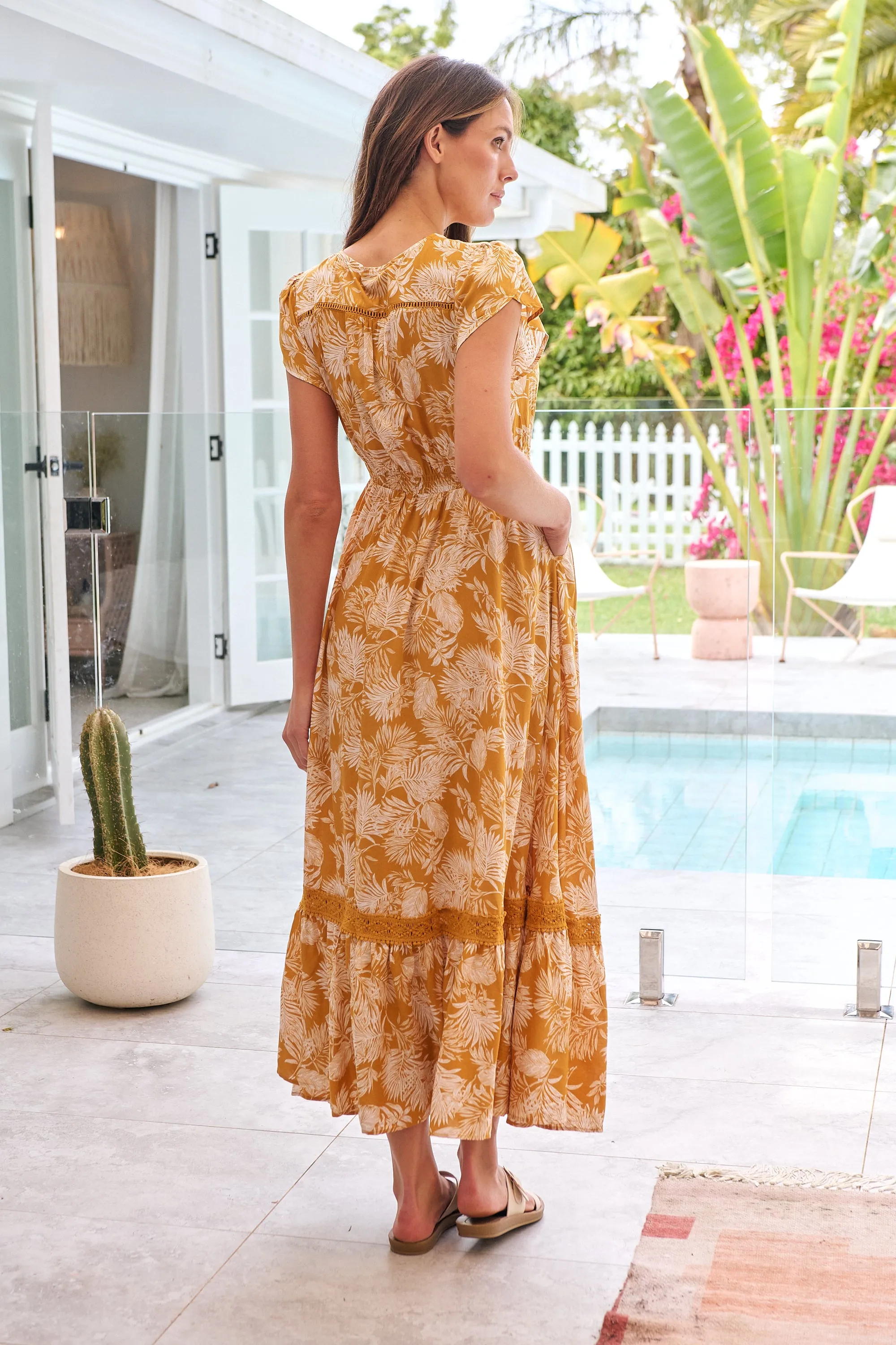 Augustina Button Front Mustard Paisley Print Maxi