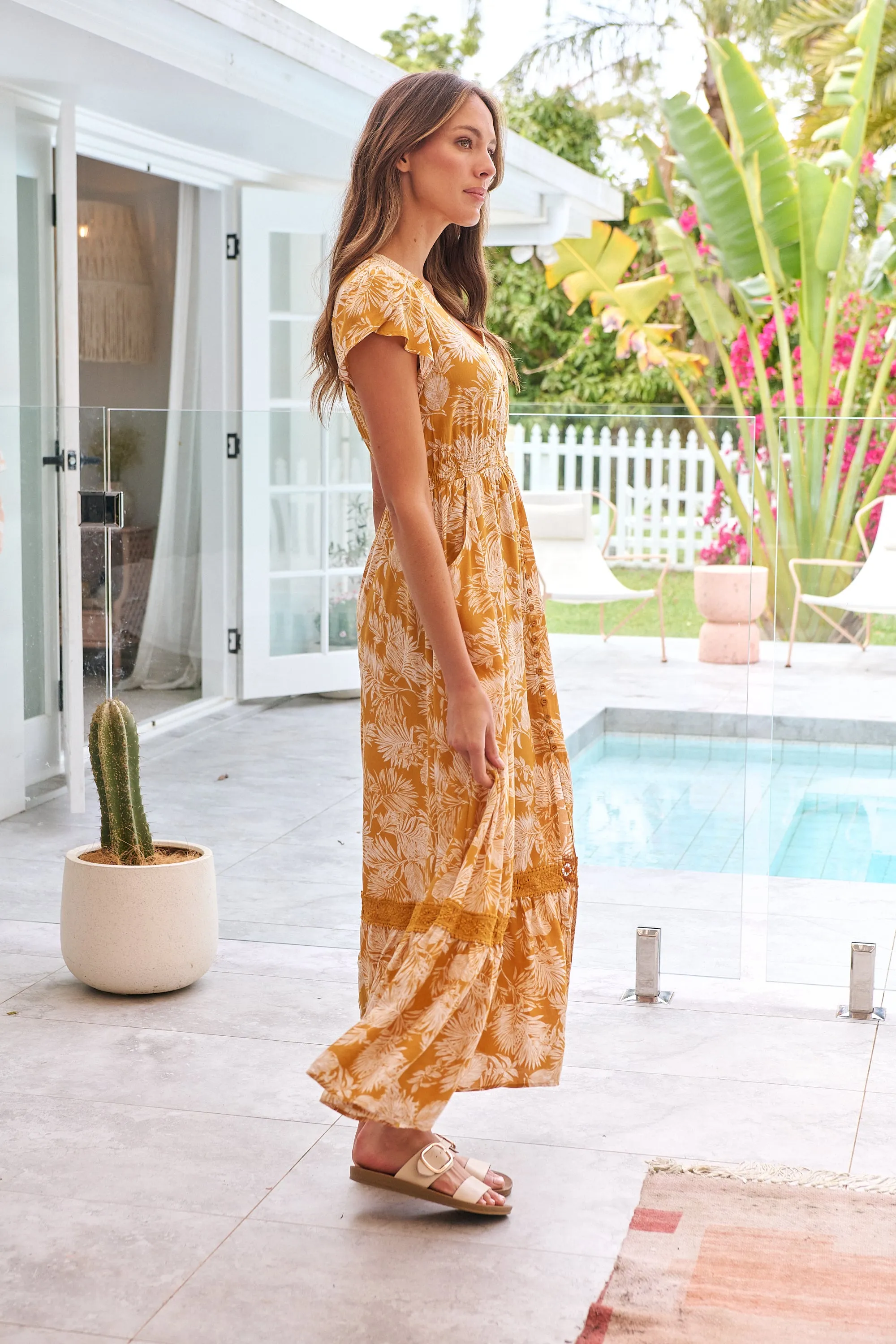 Augustina Button Front Mustard Paisley Print Maxi