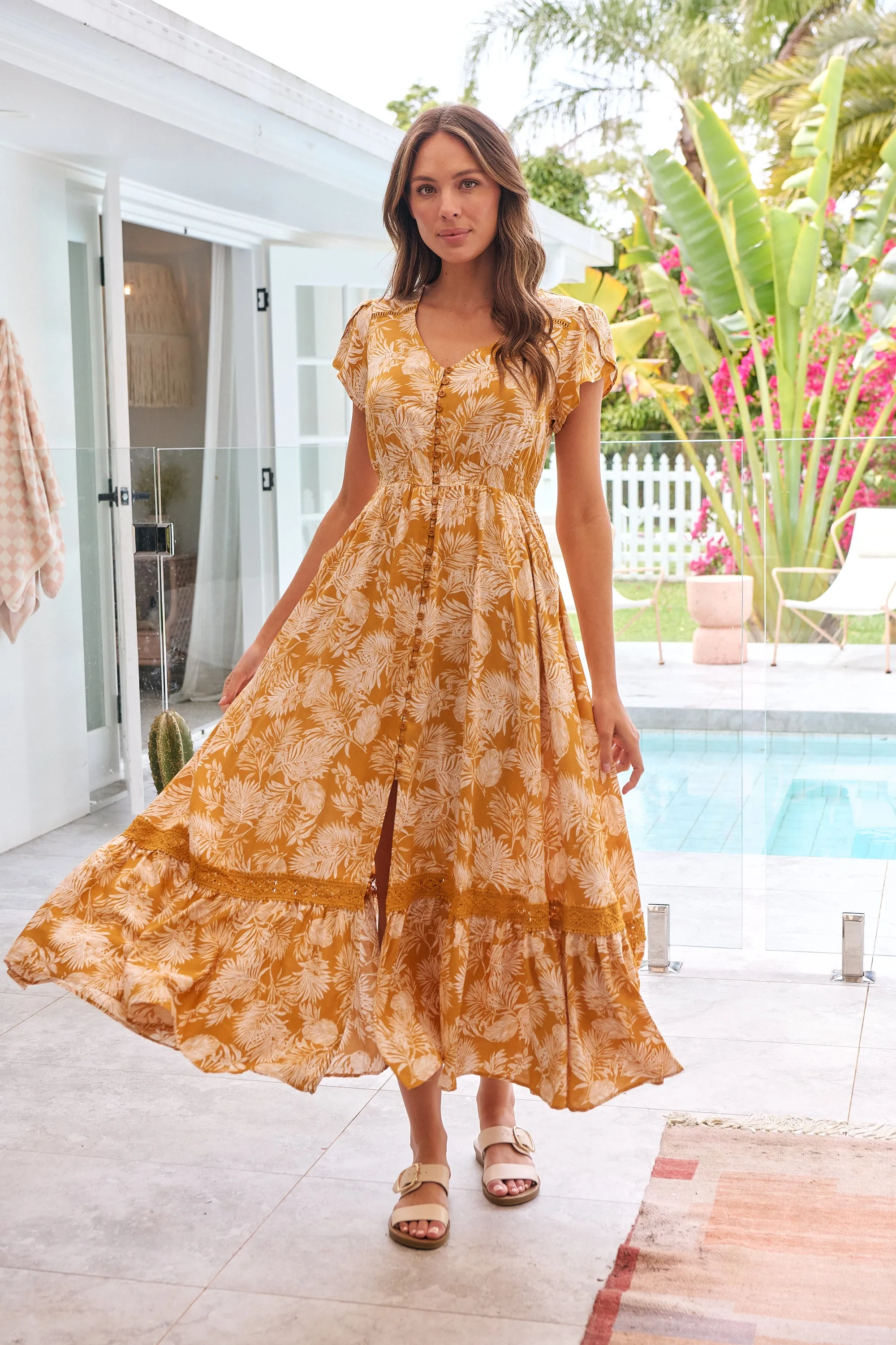 Augustina Button Front Mustard Paisley Print Maxi