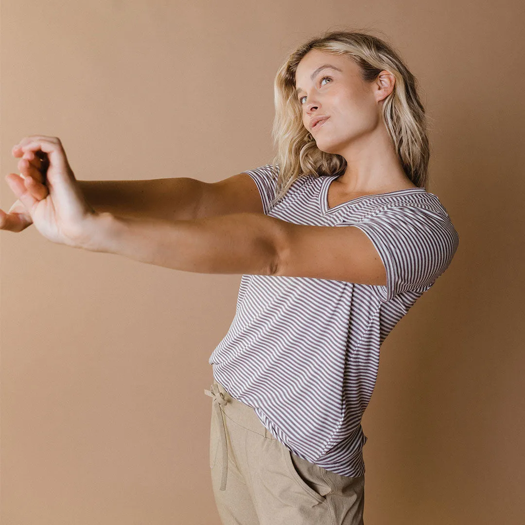 Basic V Neck Tee, Classic Mushroom Stripe