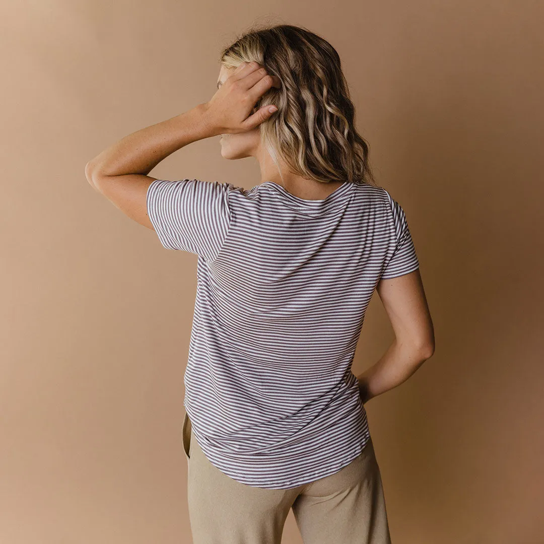 Basic V Neck Tee, Classic Mushroom Stripe