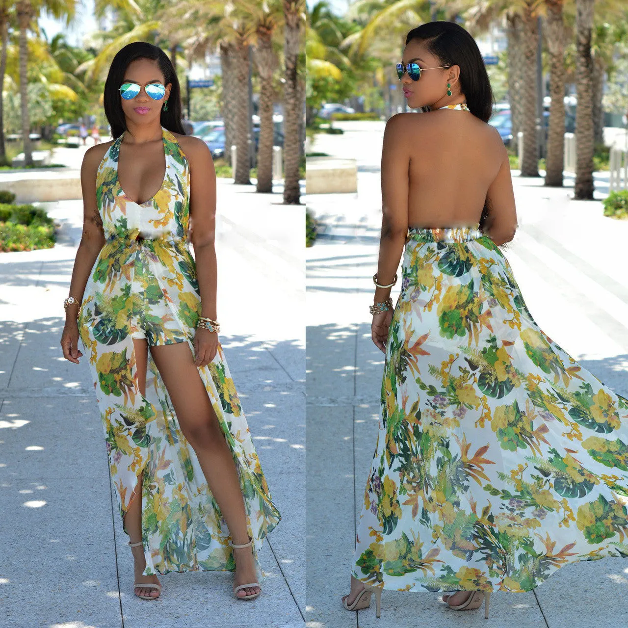 Beautiful Chiffon Floral Print Halter Split Beach Long Dress