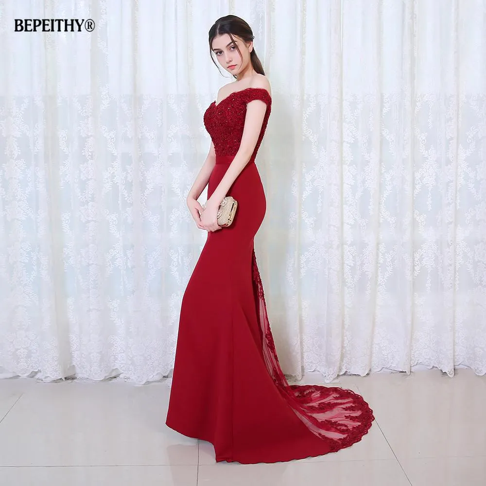 BEPEITHY Robe De Soiree Mermaid Burgundry Long Evening Dress Party Elegant Vestido De Festa Long Prom Gown 2017 With Belt