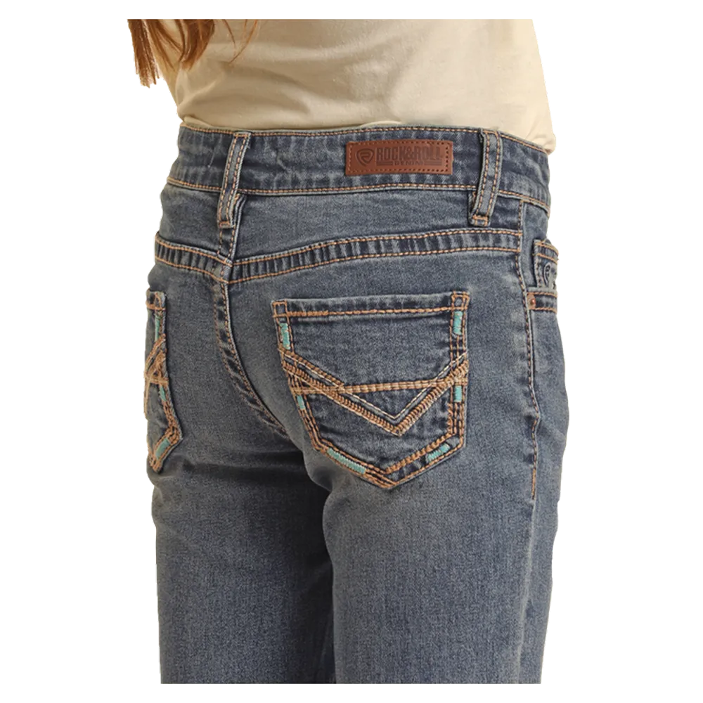 BG4MD02553 Rock & Roll Denim Girls Bootcut Mid Rise Jeans with Pedal Stitch Embroidery