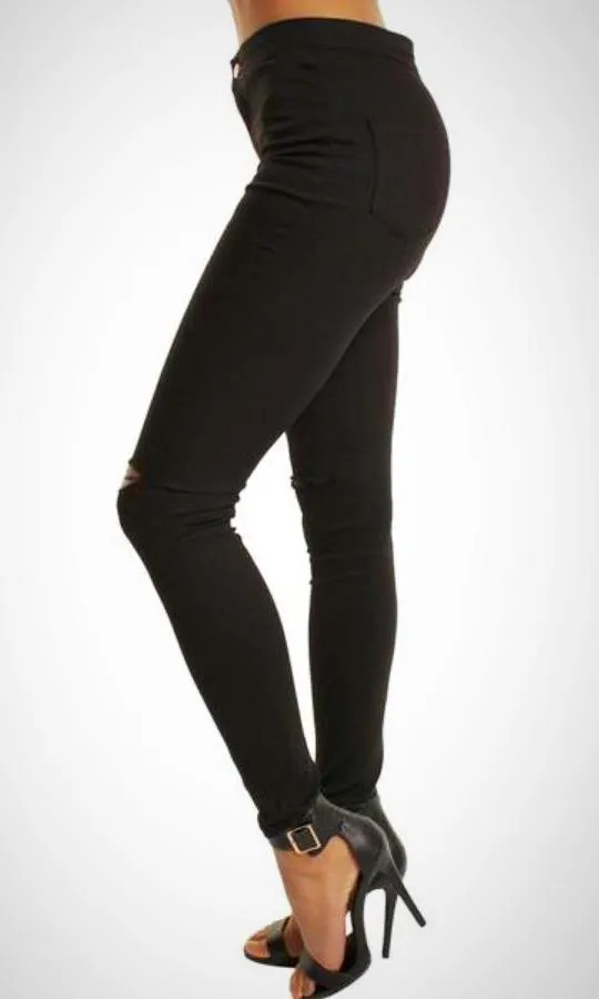 Black High Waisted Ripped Knee Skinny Stretchy Jean Jeggings