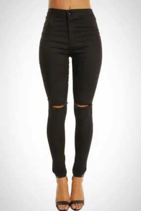 Black High Waisted Ripped Knee Skinny Stretchy Jean Jeggings