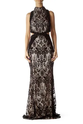 Black Lace Velvet Open Back Gown