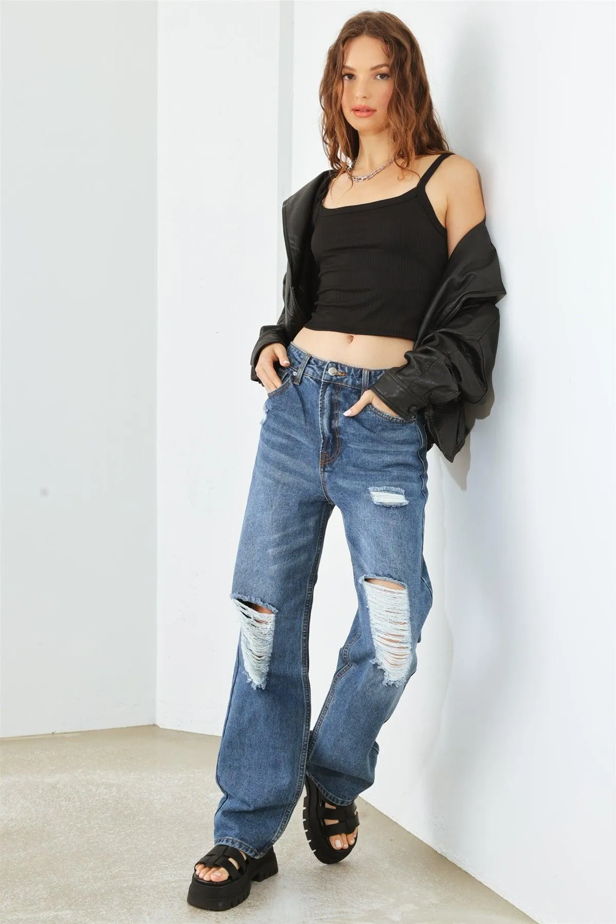 Blue Denim Five Pocket Distressed High Waist Jeans