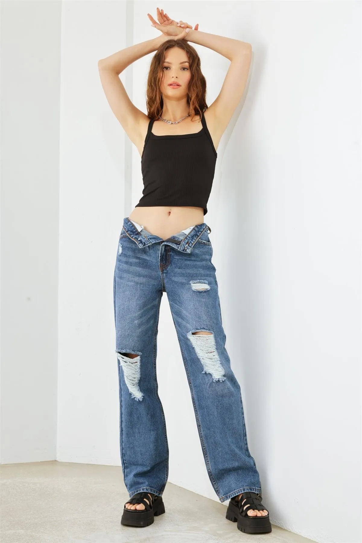 Blue Denim Five Pocket Distressed High Waist Jeans