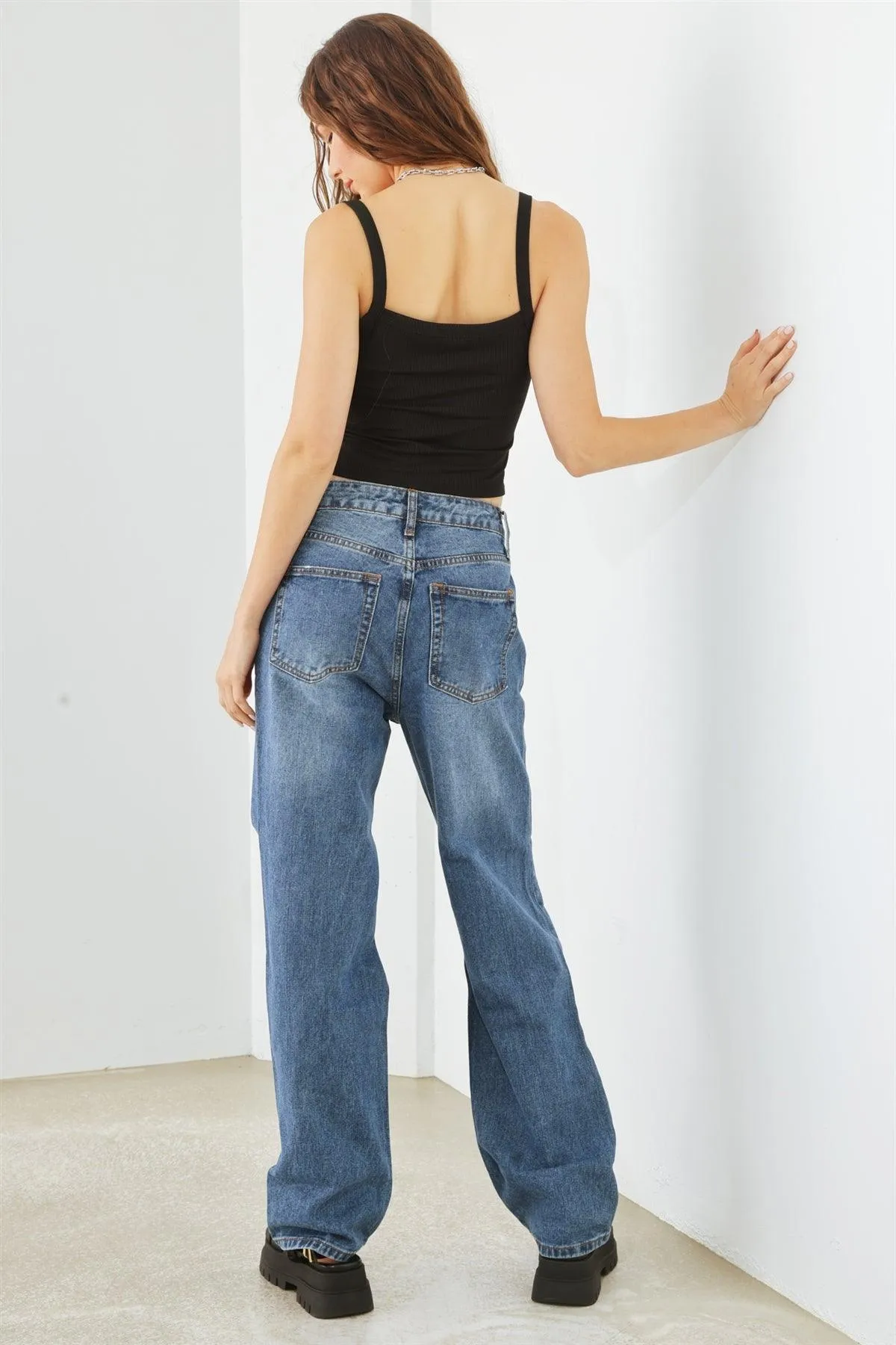 Blue Denim Five Pocket Distressed High Waist Jeans