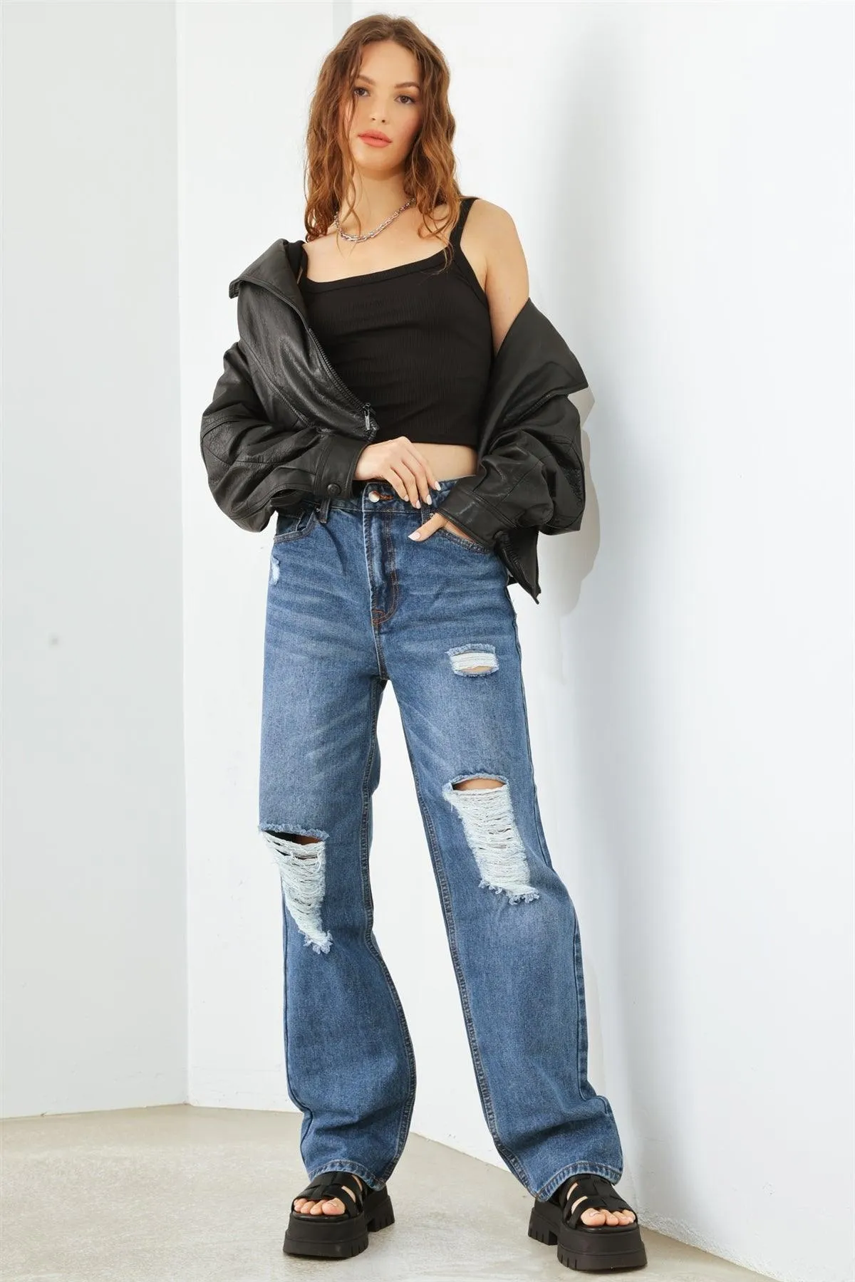 Blue Denim Five Pocket Distressed High Waist Jeans