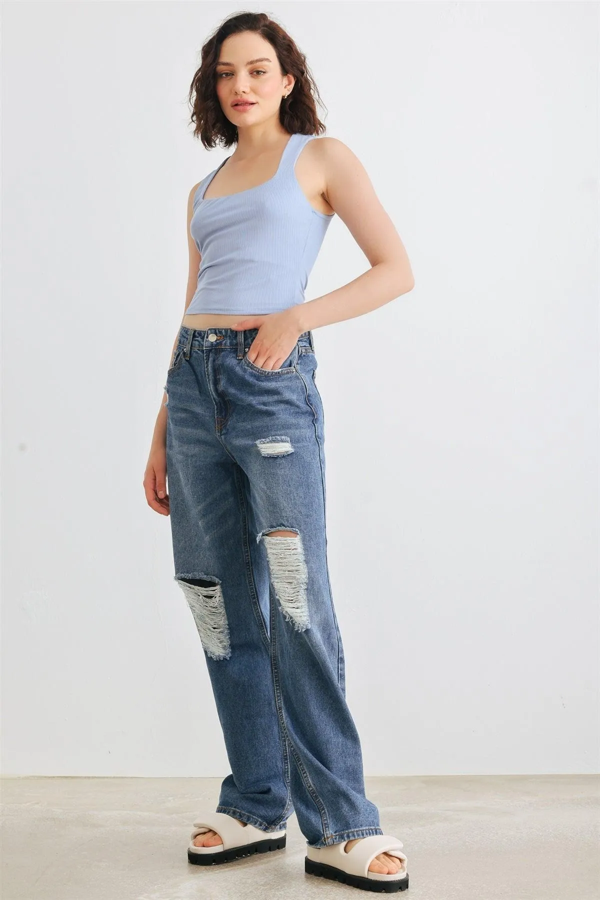 Blue Denim Five Pocket Distressed High Waist Jeans