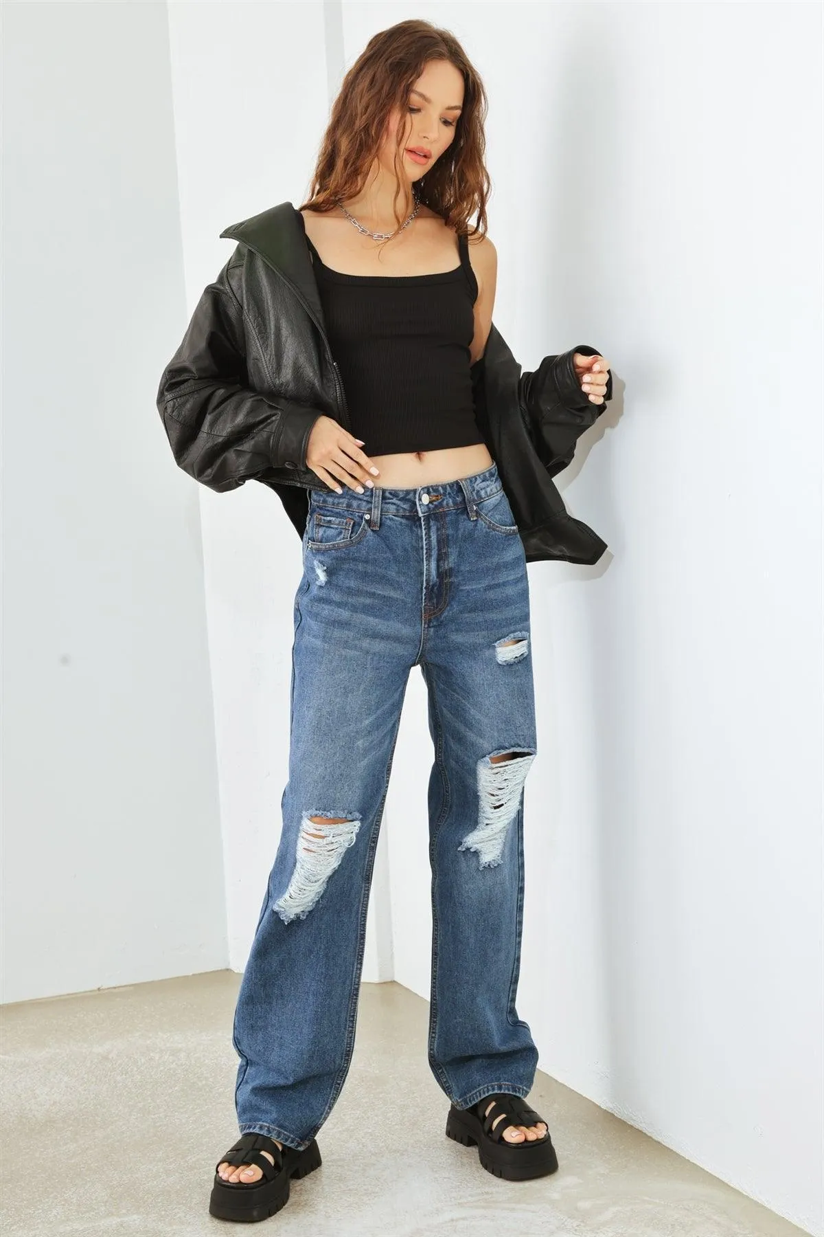 Blue Denim Five Pocket Distressed High Waist Jeans