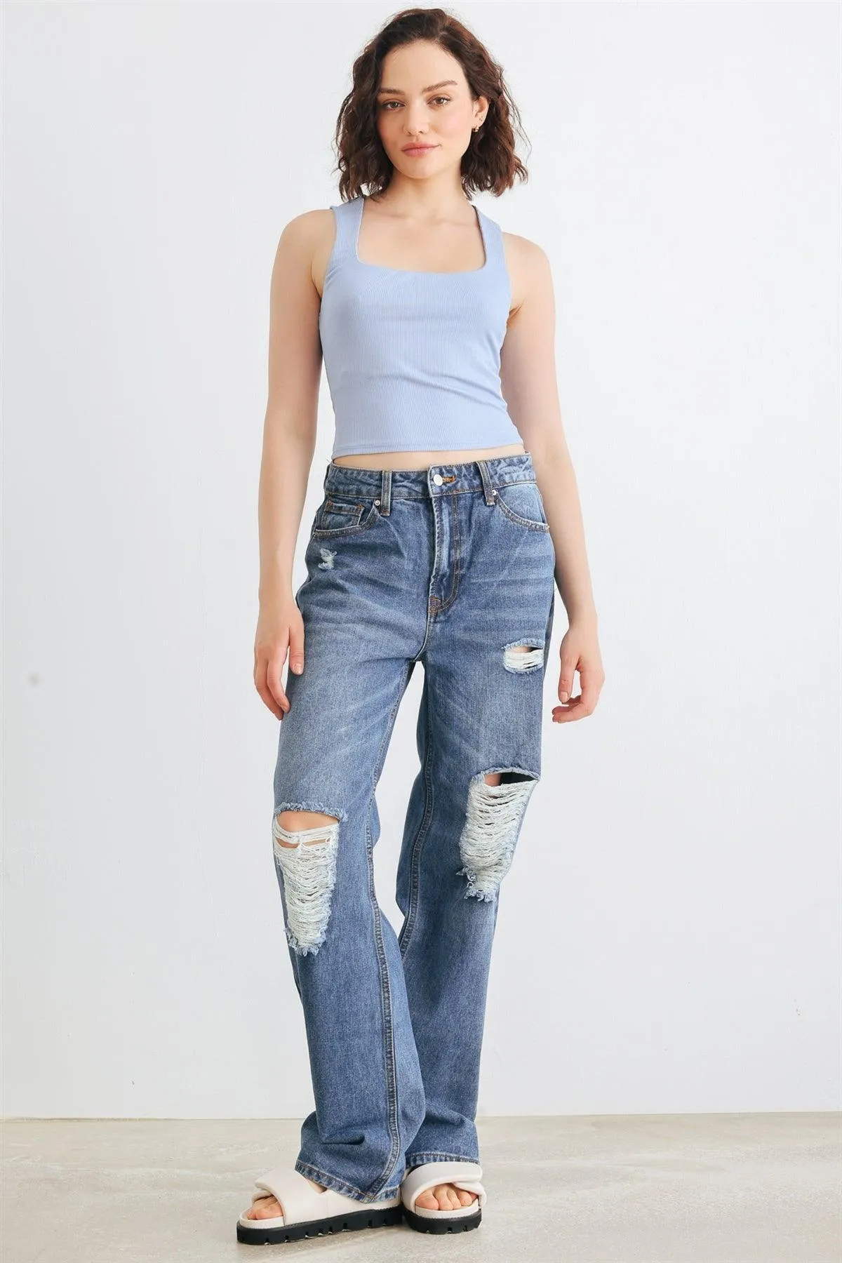 Blue Denim Five Pocket Distressed High Waist Jeans