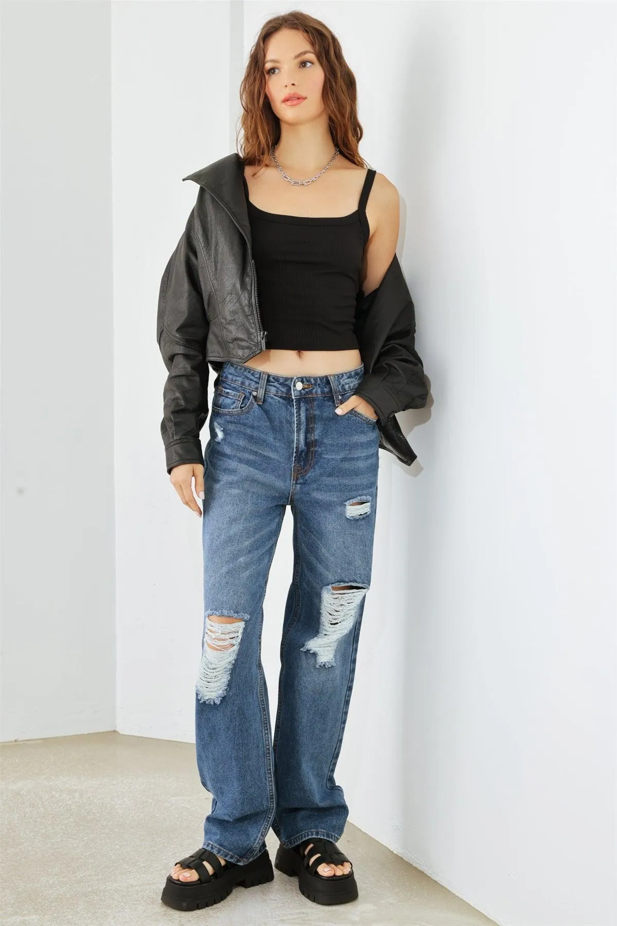 Blue Denim Five Pocket Distressed High Waist Jeans