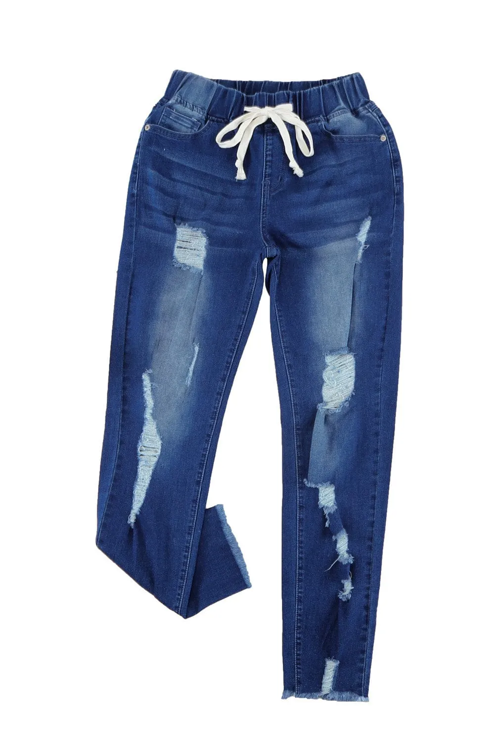 Blue Distressed Drawstring Waist Skinny Jeans