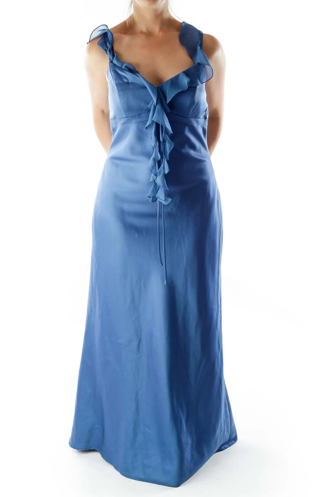 Blue V-Neck Ruffled Evening Dress