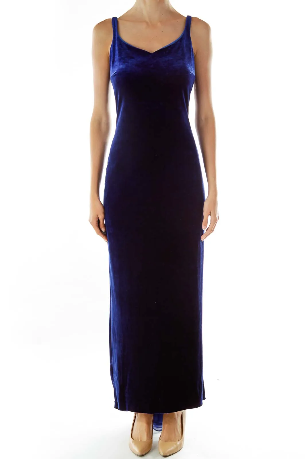 Blue Velvet Sleeveless Maxi Evening Dress